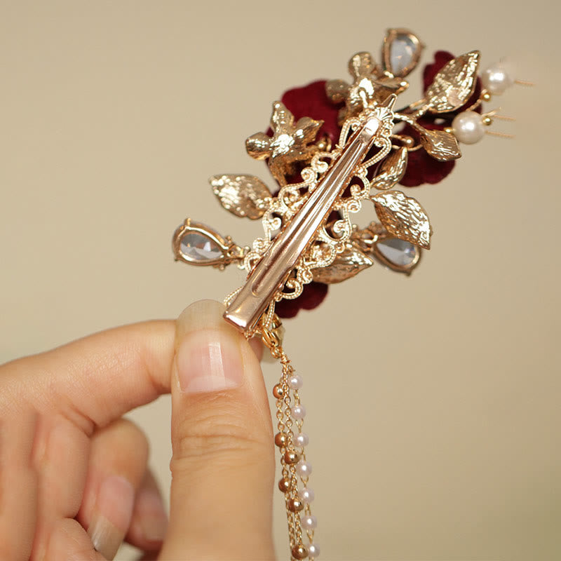 Nimara Ritual Retro Chinese Style Red Camellia Flower Tassel Side Hair Clip