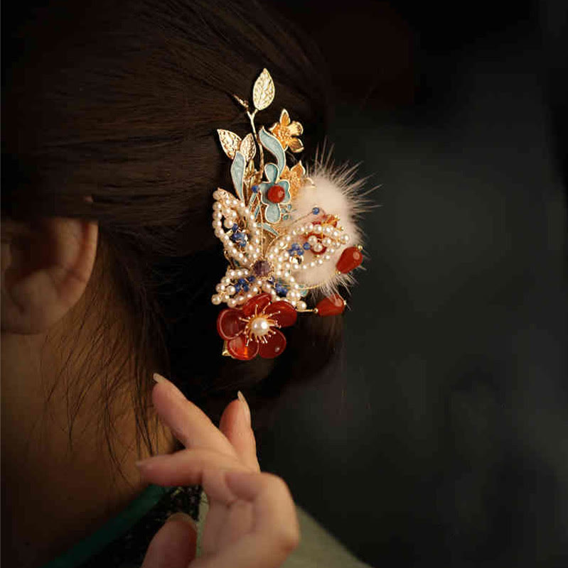 Nimara Ritual Classical Chinese Style Red Flower Butterfly Pearl Hair Clip
