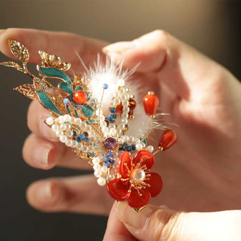 Nimara Ritual Classical Chinese Style Red Flower Butterfly Pearl Hair Clip