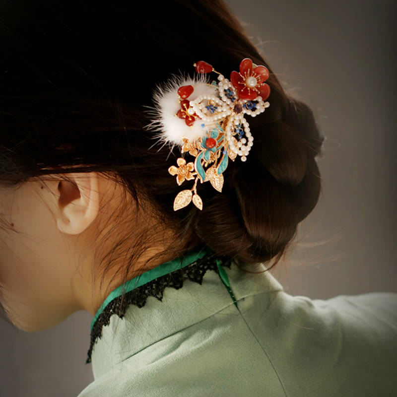 Nimara Ritual Classical Chinese Style Red Flower Butterfly Pearl Hair Clip