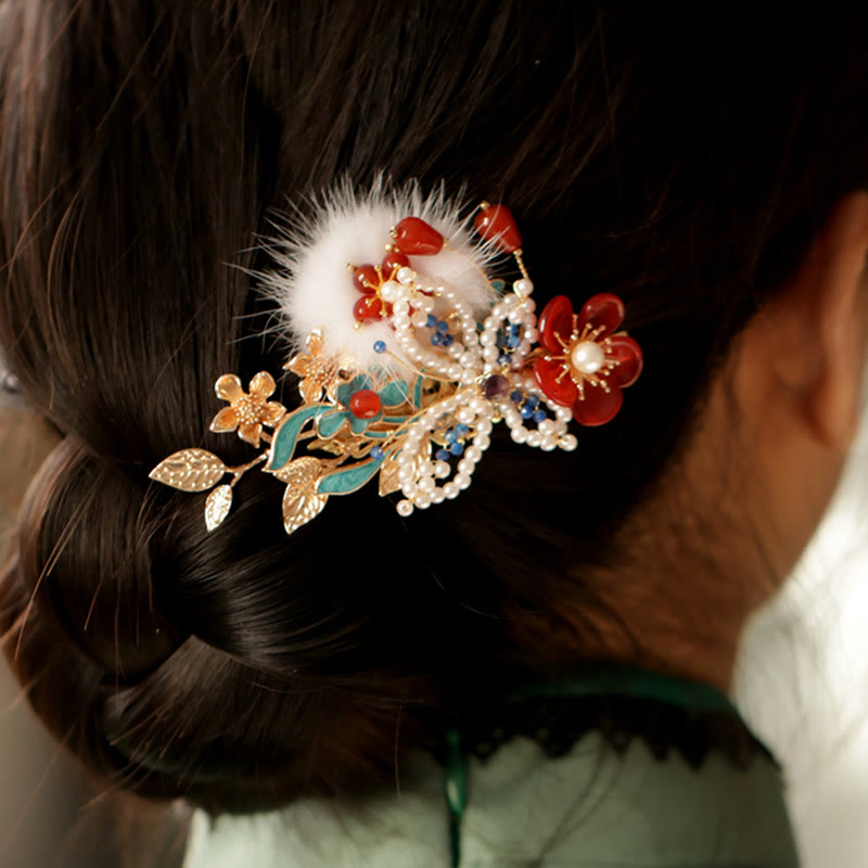 Nimara Ritual Classical Chinese Style Red Flower Butterfly Pearl Hair Clip