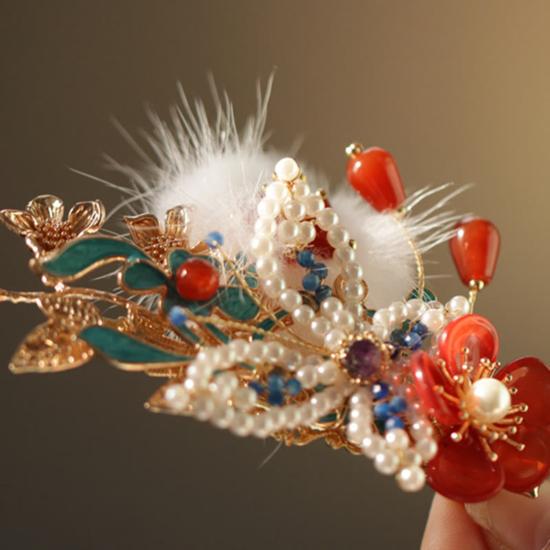Nimara Ritual Classical Chinese Style Red Flower Butterfly Pearl Hair Clip