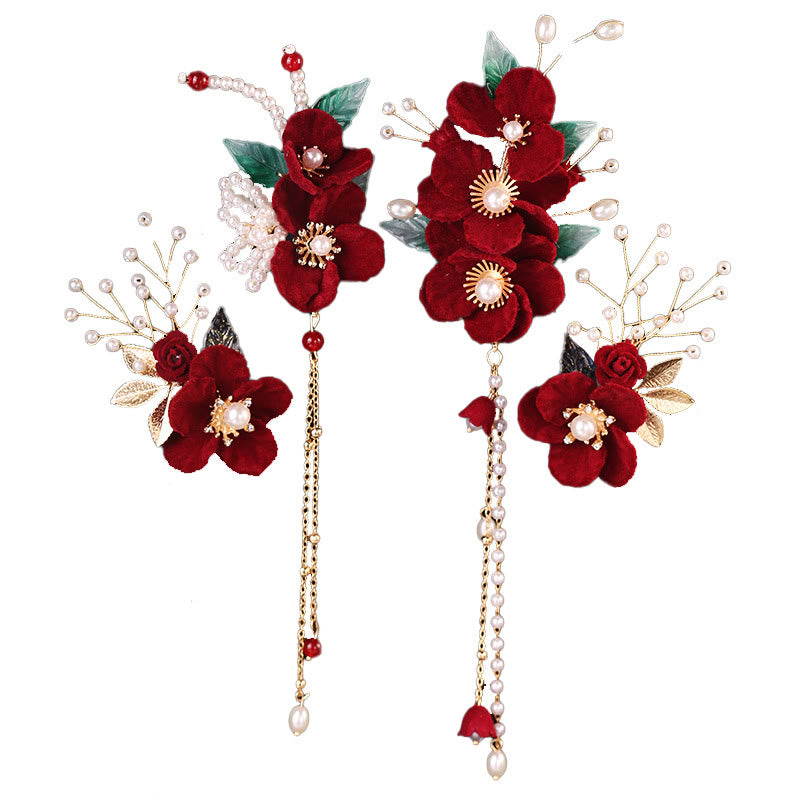 Nimara Ritual Antiquity Red Flowers Pearl Tassel Hair Clip Set