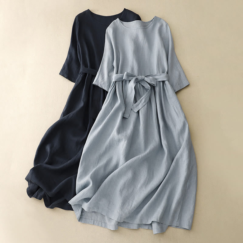 Nimara Ritual Casual Plain Crew Neck Lace-up Half Sleeve Midi Dress With Pockets