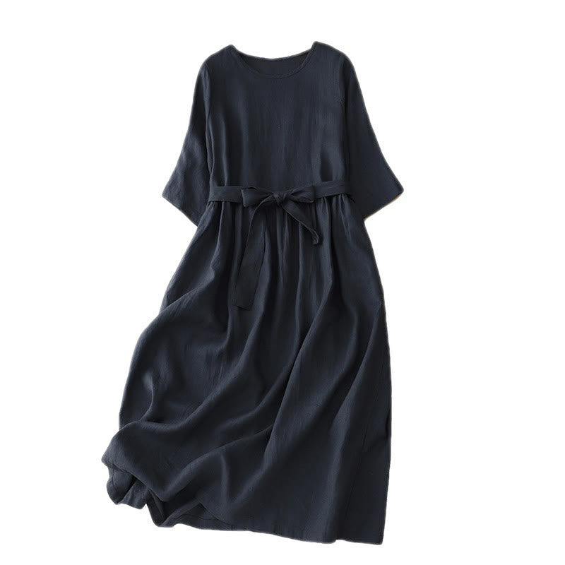 Nimara Ritual Casual Plain Crew Neck Lace-up Half Sleeve Midi Dress With Pockets