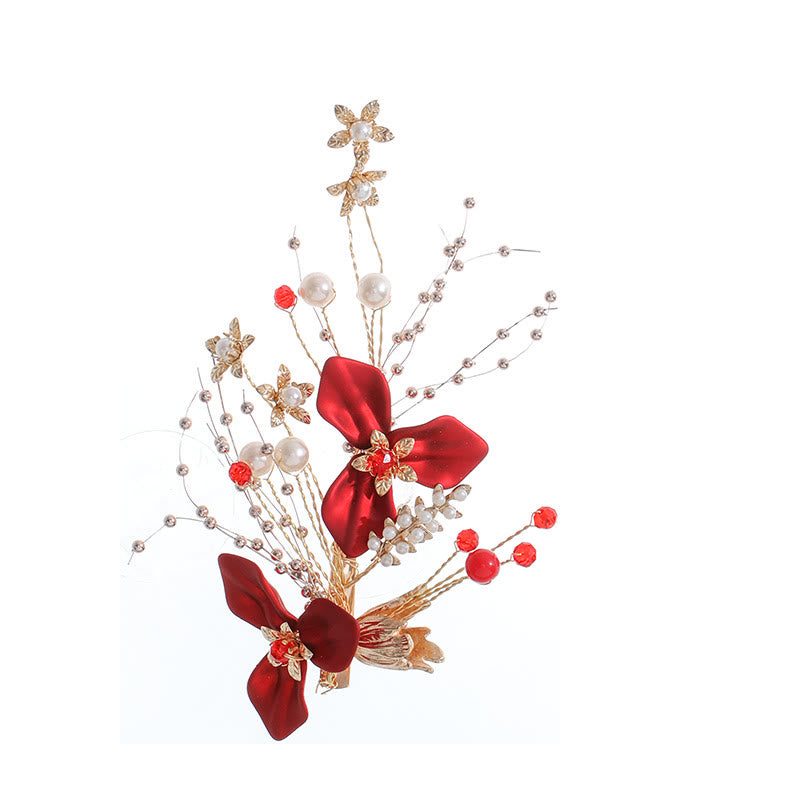 Nimara Ritual Chinese Wedding Bridal Red Flower Branche Pearl Hair Clip Set