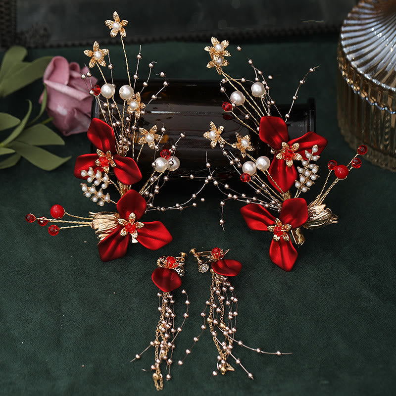 Nimara Ritual Chinese Wedding Bridal Red Flower Branche Pearl Hair Clip Set