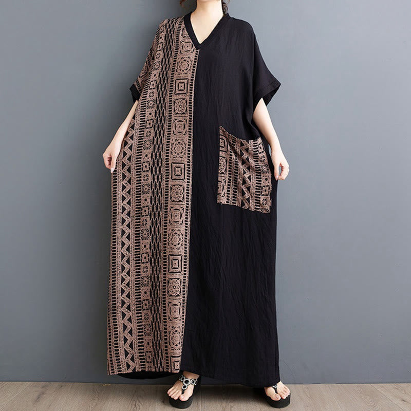 Nimara Ritual Casual Loose Printing Dyeing Cotton Linen V-neck Half Sleeve Design Midi Dress With Pockets