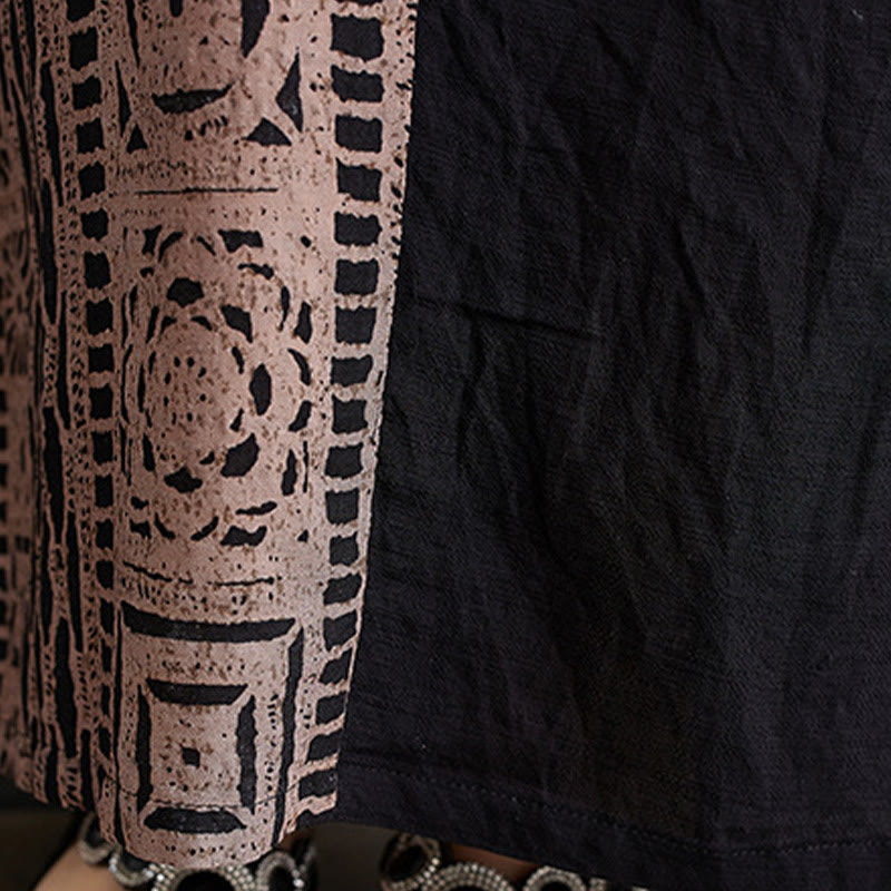 Nimara Ritual Casual Loose Printing Dyeing Cotton Linen V-neck Half Sleeve Design Midi Dress With Pockets