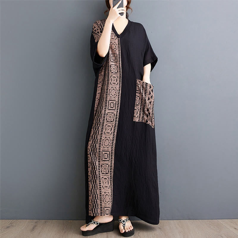 Nimara Ritual Casual Loose Printing Dyeing Cotton Linen V-neck Half Sleeve Design Midi Dress With Pockets