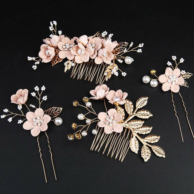 Nimara Ritual 4Pcs Handmade Wedding Golden Leaf Flower Pearl Hairpin Hair Comb Set
