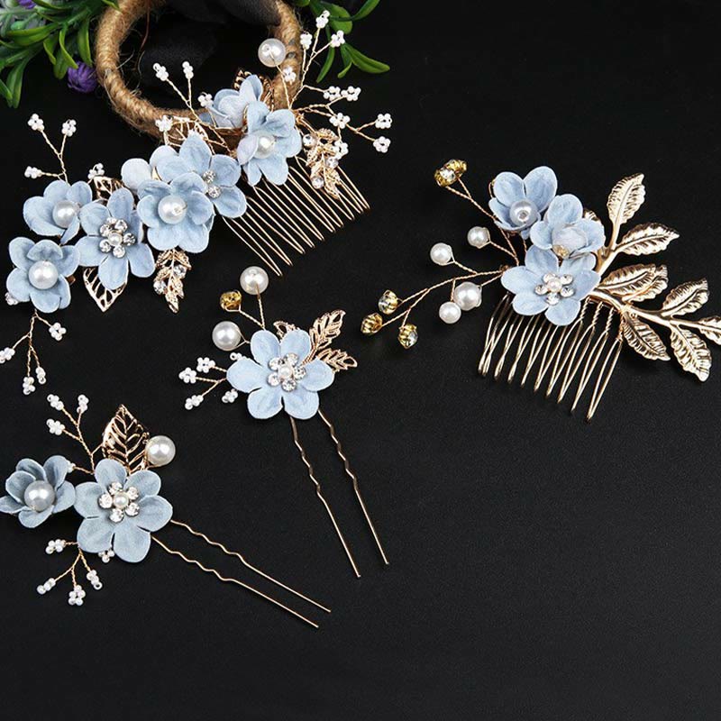 Nimara Ritual 4Pcs Handmade Wedding Golden Leaf Flower Pearl Hairpin Hair Comb Set