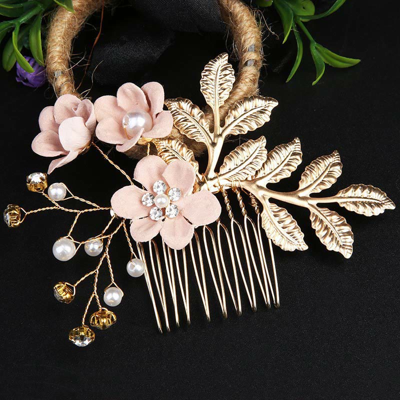 Nimara Ritual 4Pcs Handmade Wedding Golden Leaf Flower Pearl Hairpin Hair Comb Set
