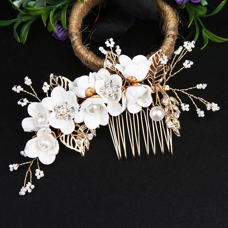 Nimara Ritual 4Pcs Handmade Wedding Golden Leaf Flower Pearl Hairpin Hair Comb Set