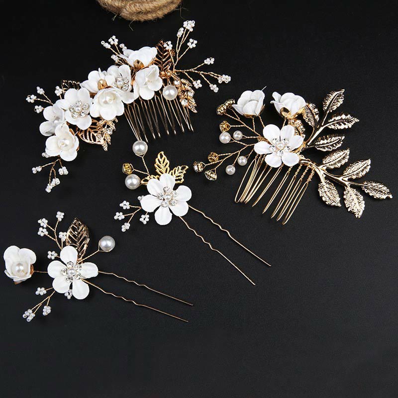Nimara Ritual 4Pcs Handmade Wedding Golden Leaf Flower Pearl Hairpin Hair Comb Set