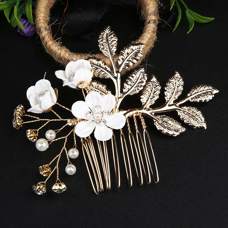 Nimara Ritual 4Pcs Handmade Wedding Golden Leaf Flower Pearl Hairpin Hair Comb Set