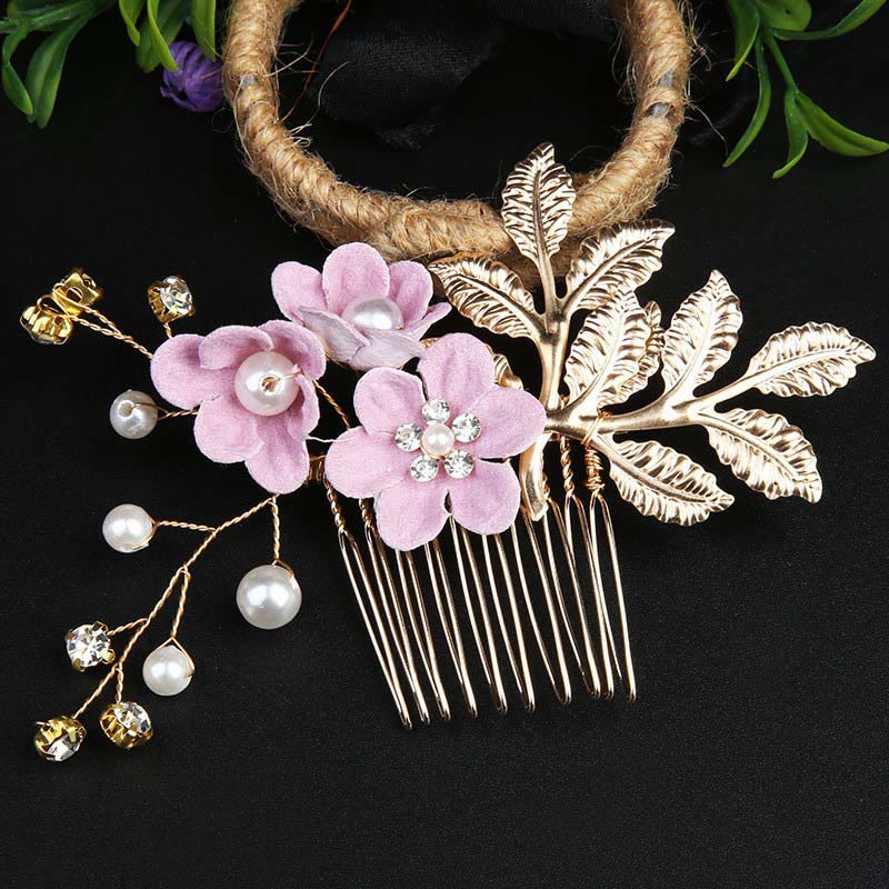 Nimara Ritual 4Pcs Handmade Wedding Golden Leaf Flower Pearl Hairpin Hair Comb Set