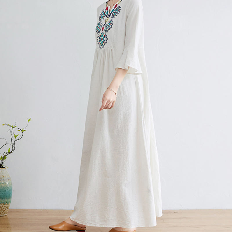 Nimara Ritual Casual Embroidered Flower Pattern V-neck Three Quarter Sleeve Design Cotton Linen Midi Dress