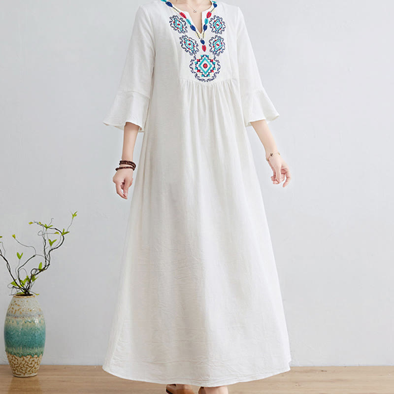 Nimara Ritual Casual Embroidered Flower Pattern V-neck Three Quarter Sleeve Design Cotton Linen Midi Dress