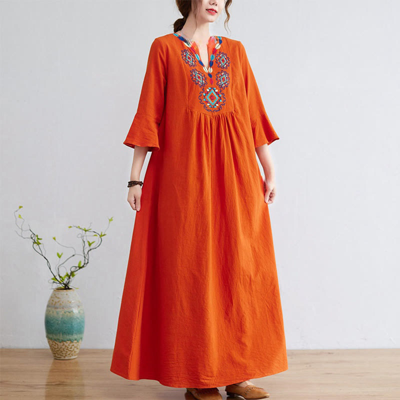 Nimara Ritual Casual Embroidered Flower Pattern V-neck Three Quarter Sleeve Design Cotton Linen Midi Dress