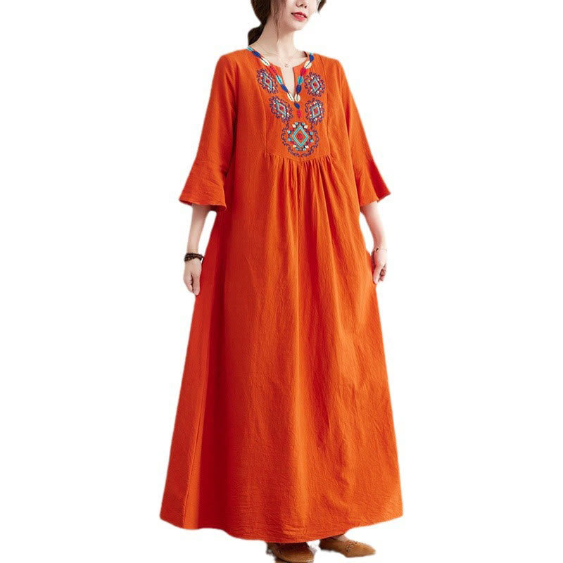 Nimara Ritual Casual Embroidered Flower Pattern V-neck Three Quarter Sleeve Design Cotton Linen Midi Dress