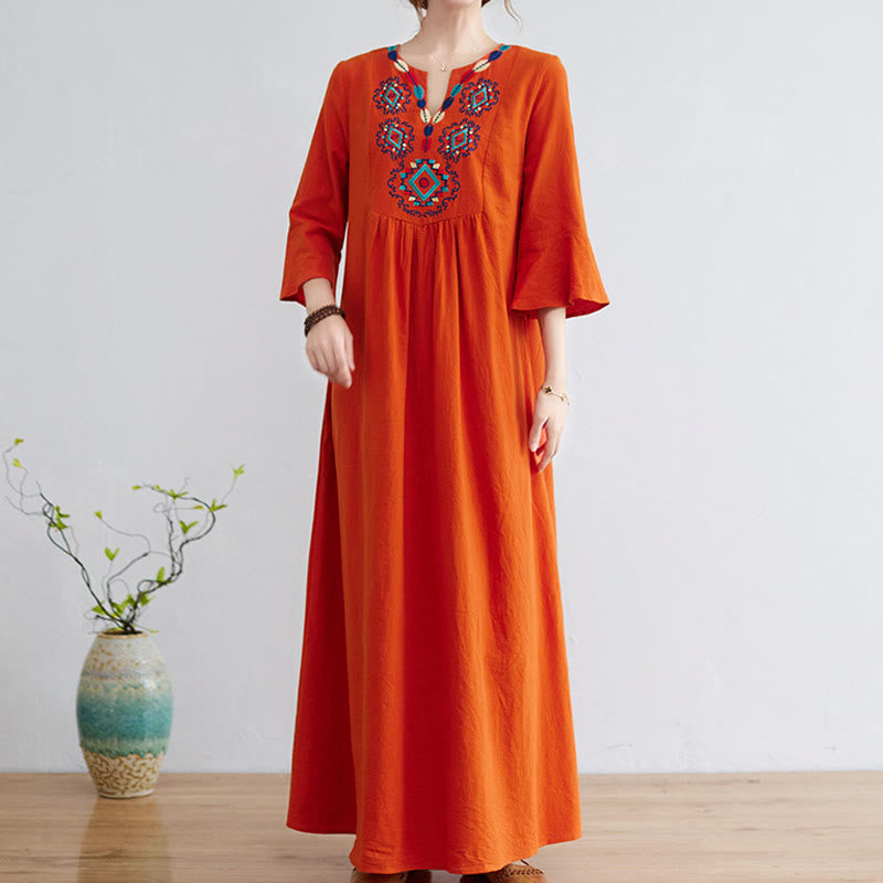 Nimara Ritual Casual Embroidered Flower Pattern V-neck Three Quarter Sleeve Design Cotton Linen Midi Dress