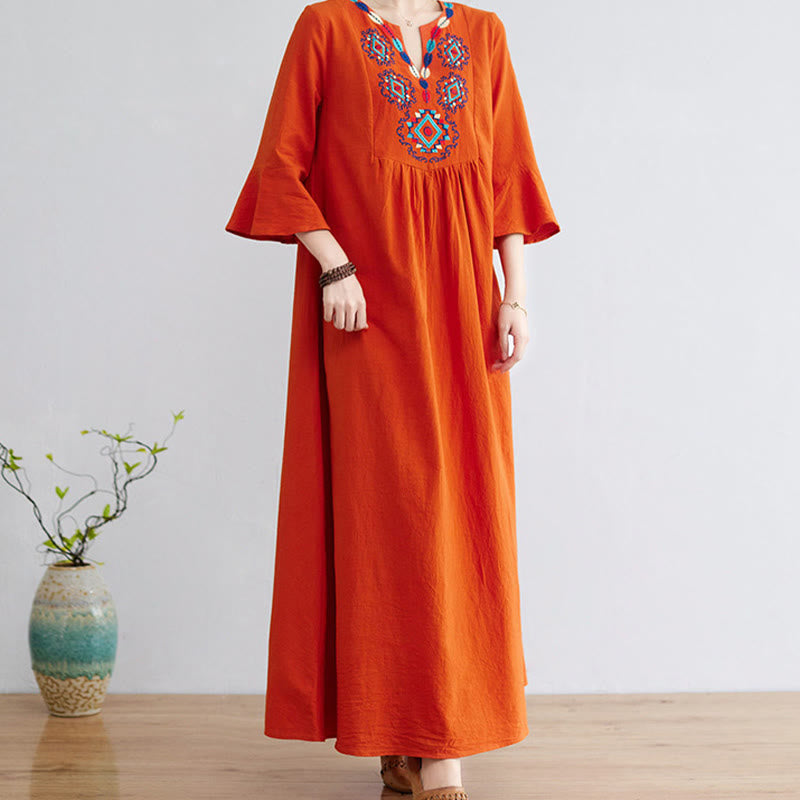 Nimara Ritual Casual Embroidered Flower Pattern V-neck Three Quarter Sleeve Design Cotton Linen Midi Dress