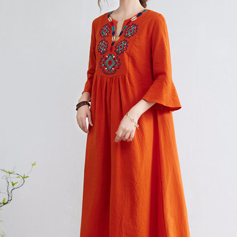 Nimara Ritual Casual Embroidered Flower Pattern V-neck Three Quarter Sleeve Design Cotton Linen Midi Dress