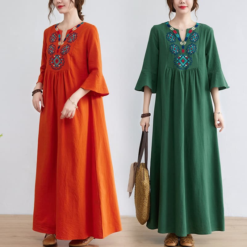 Nimara Ritual Casual Embroidered Flower Pattern V-neck Three Quarter Sleeve Design Cotton Linen Midi Dress
