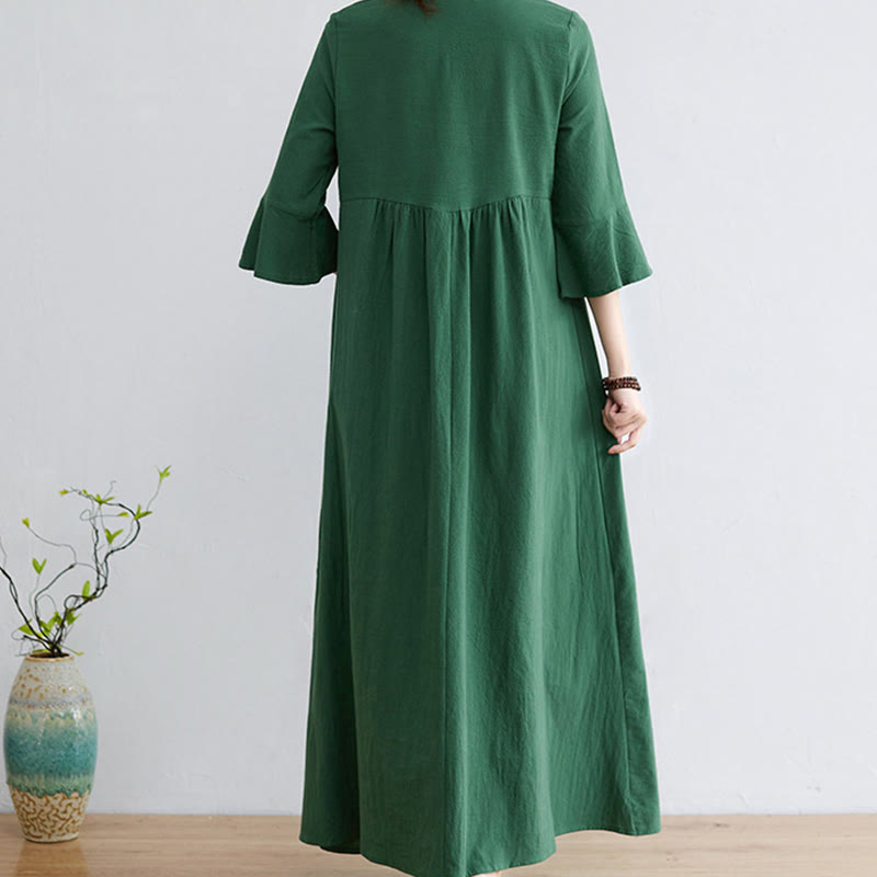 Nimara Ritual Casual Embroidered Flower Pattern V-neck Three Quarter Sleeve Design Cotton Linen Midi Dress
