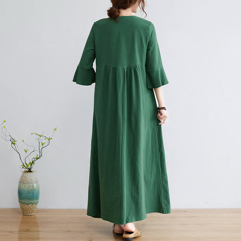 Nimara Ritual Casual Embroidered Flower Pattern V-neck Three Quarter Sleeve Design Cotton Linen Midi Dress