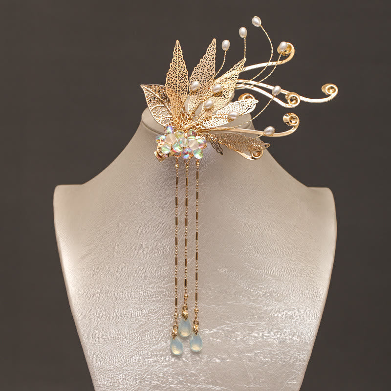 Nimara Ritual Traditional Chinese Golden Leaf Flower Tassel Hair Clip