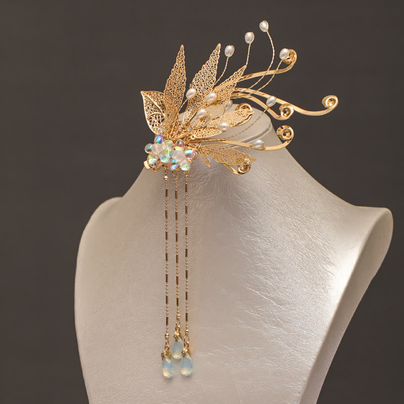 Nimara Ritual Traditional Chinese Golden Leaf Flower Tassel Hair Clip