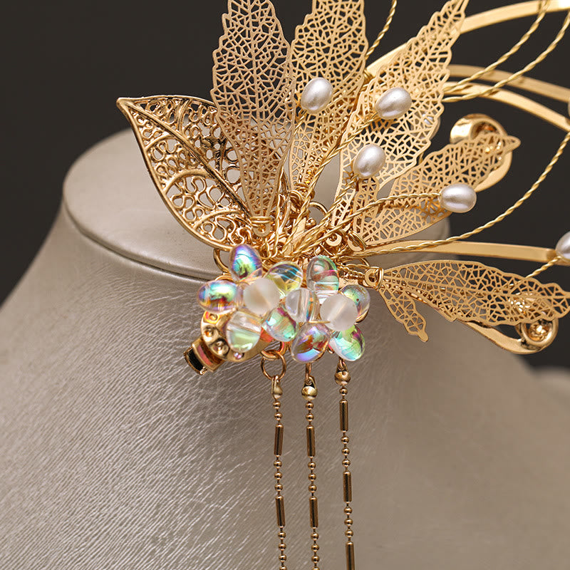 Nimara Ritual Traditional Chinese Golden Leaf Flower Tassel Hair Clip