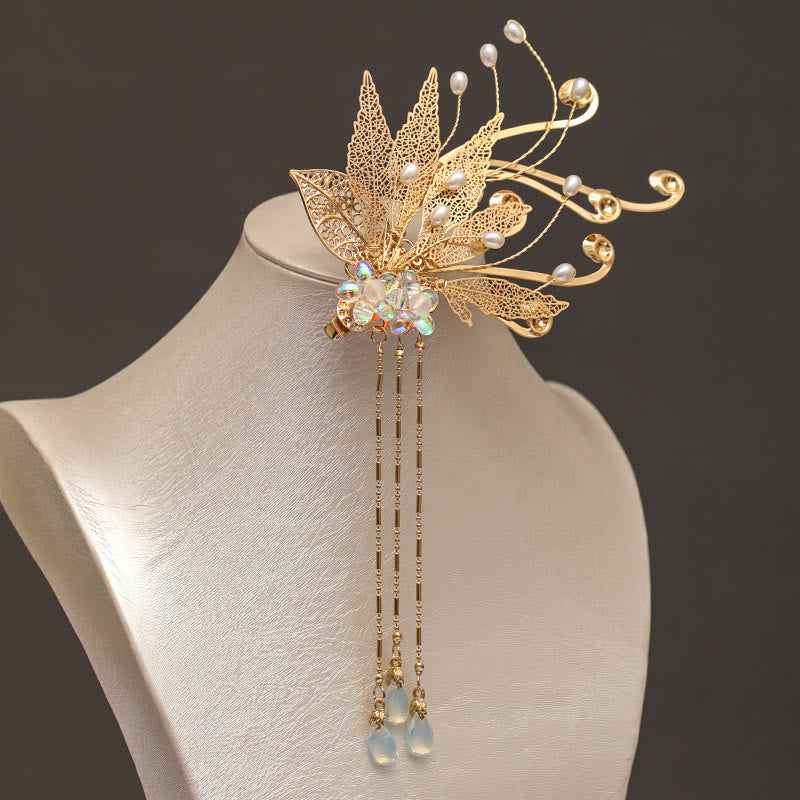Nimara Ritual Traditional Chinese Golden Leaf Flower Tassel Hair Clip