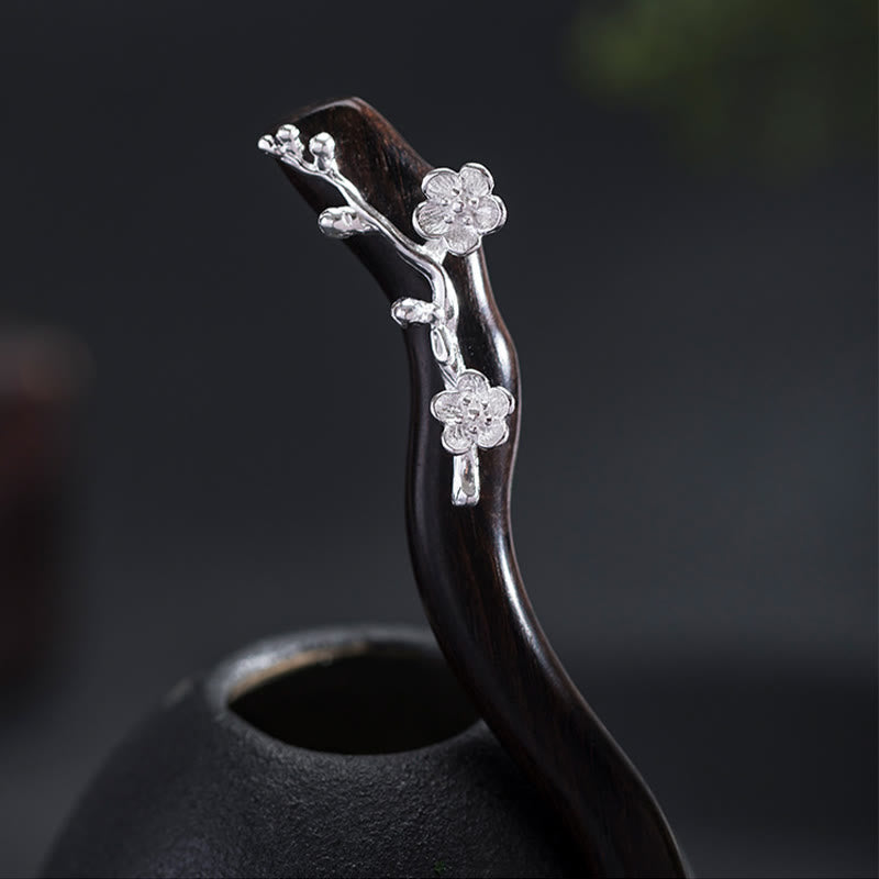 Nimara Ritual 925 Sterling Silver Classical Chinese Style Ebony Plum Blossom Blessing Hairpin