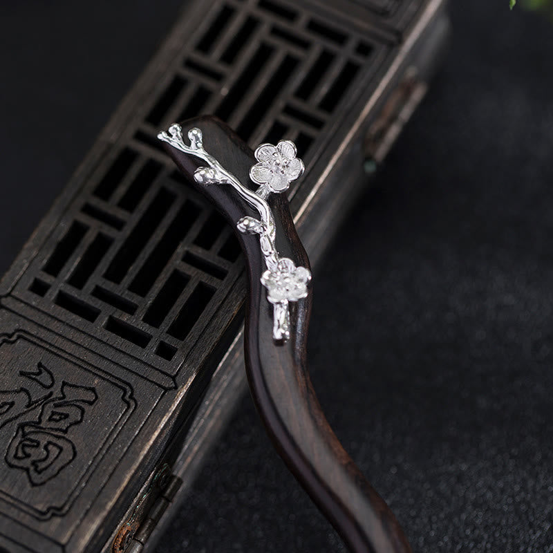 Nimara Ritual 925 Sterling Silver Classical Chinese Style Ebony Plum Blossom Blessing Hairpin