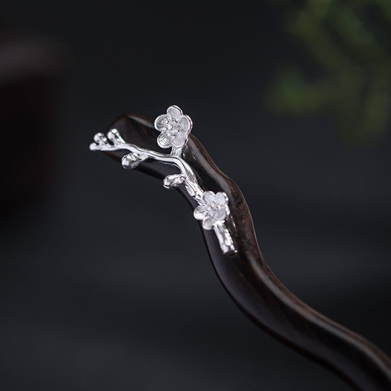 Nimara Ritual 925 Sterling Silver Classical Chinese Style Ebony Plum Blossom Blessing Hairpin