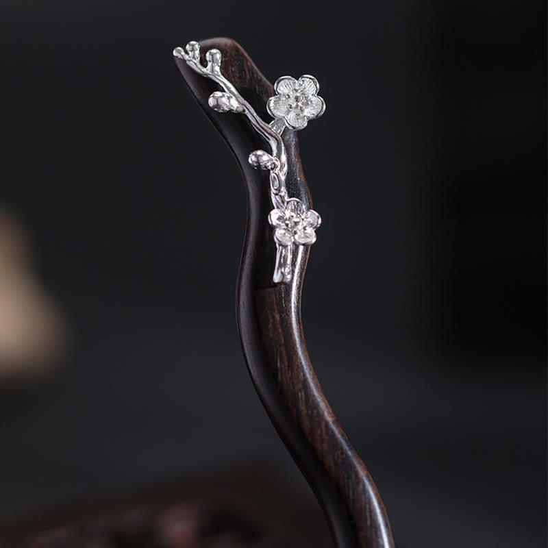 Nimara Ritual 925 Sterling Silver Classical Chinese Style Ebony Plum Blossom Blessing Hairpin