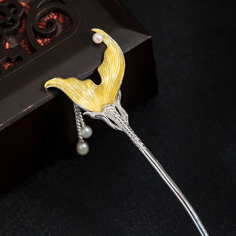 Nimara Ritual 925 Sterling Silver Classical Chinese Style Fish Tail Pearl Tassel Calm Hairpin