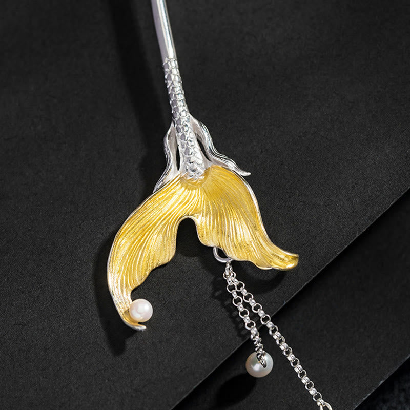 Nimara Ritual 925 Sterling Silver Classical Chinese Style Fish Tail Pearl Tassel Calm Hairpin