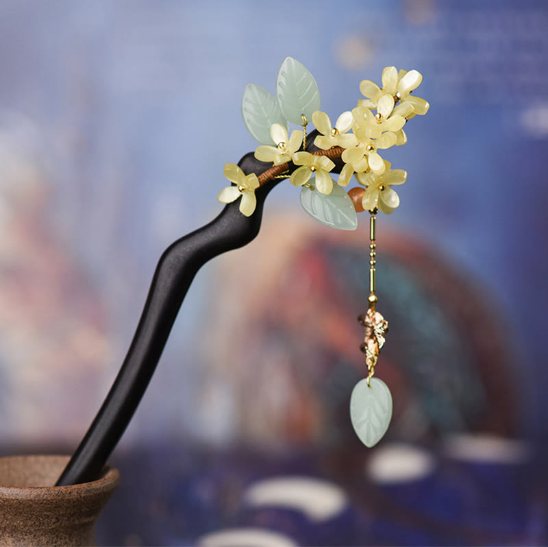 Nimara Ritual Natural Ebony Wood Osmanthus Tassel Balance Hairpin