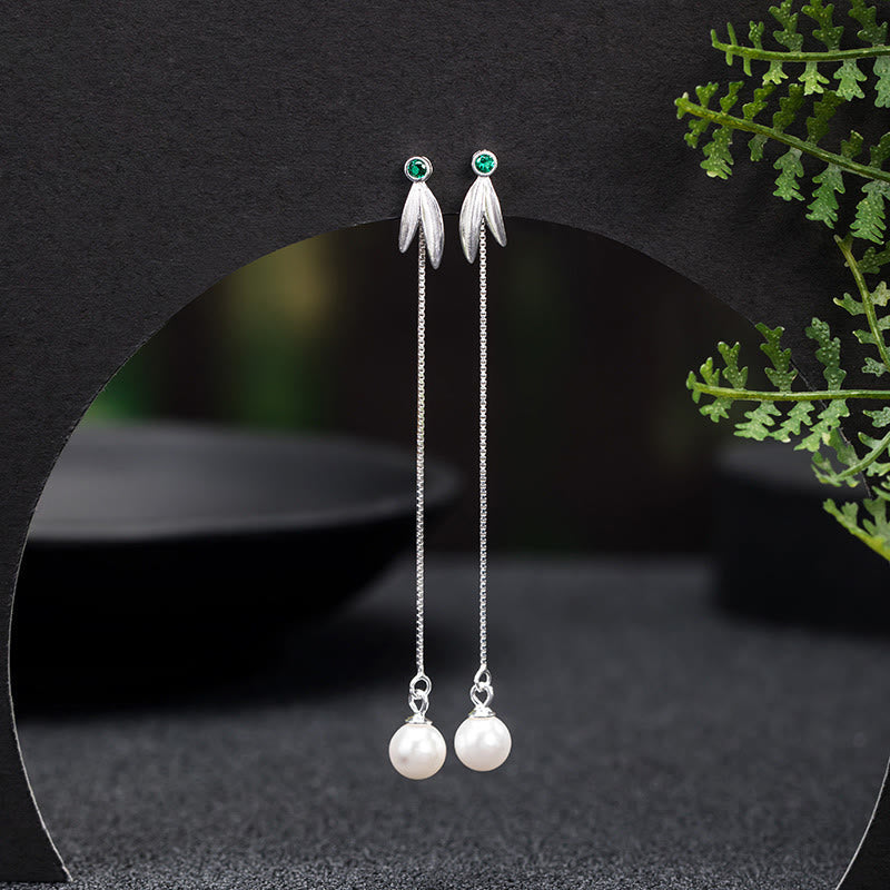 Nimara Ritual 925 Sterling Silver Zircon Pearl Bamboo Leaves Protection Drop Earrings