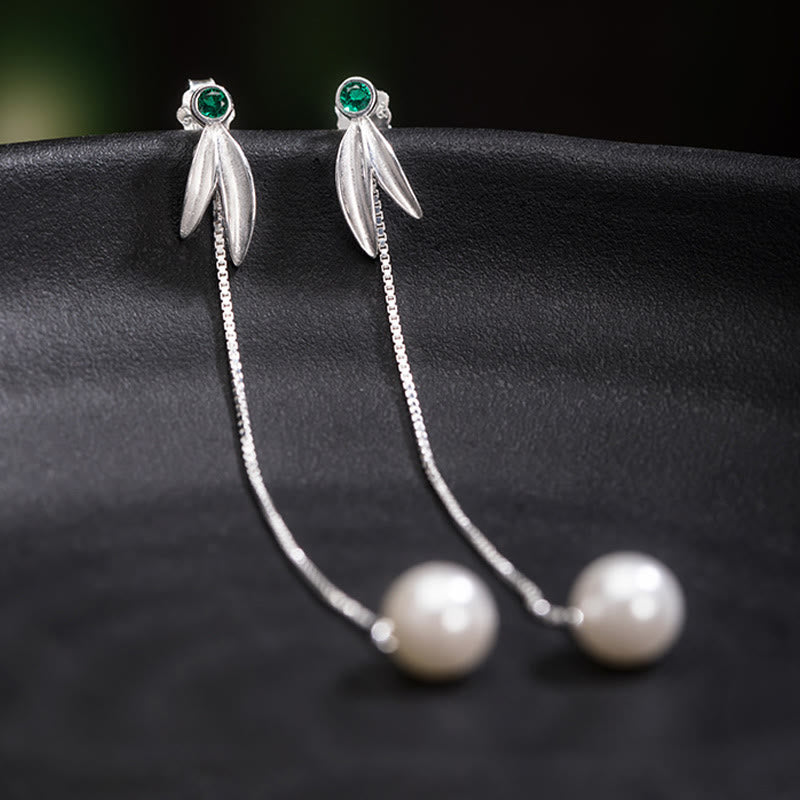 Nimara Ritual 925 Sterling Silver Zircon Pearl Bamboo Leaves Protection Drop Earrings