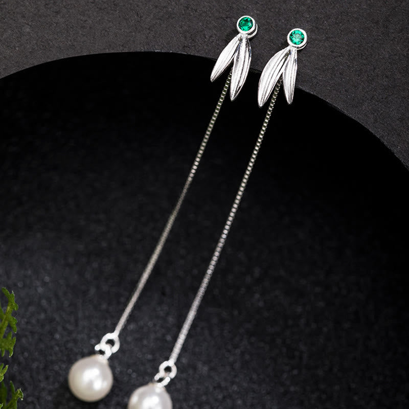 Nimara Ritual 925 Sterling Silver Zircon Pearl Bamboo Leaves Protection Drop Earrings