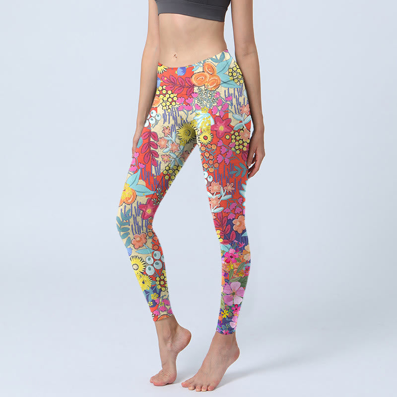 Nimara Ritual Colorful Flowers Leaves Print Gym Fitness Leggings Women's Yoga Pants