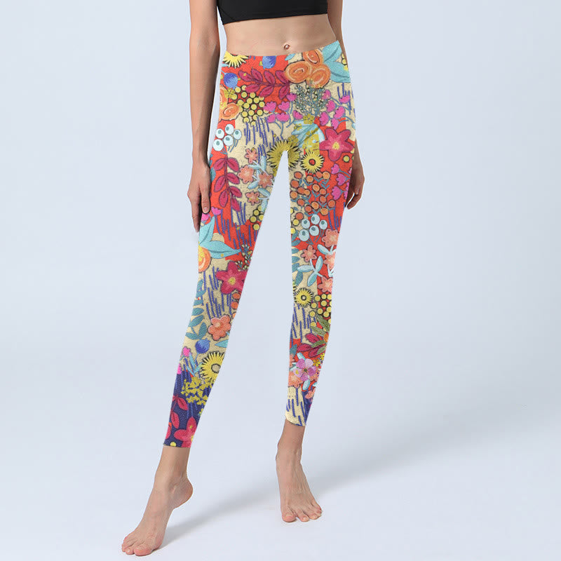 Nimara Ritual Colorful Flowers Leaves Print Gym Fitness Leggings Women's Yoga Pants