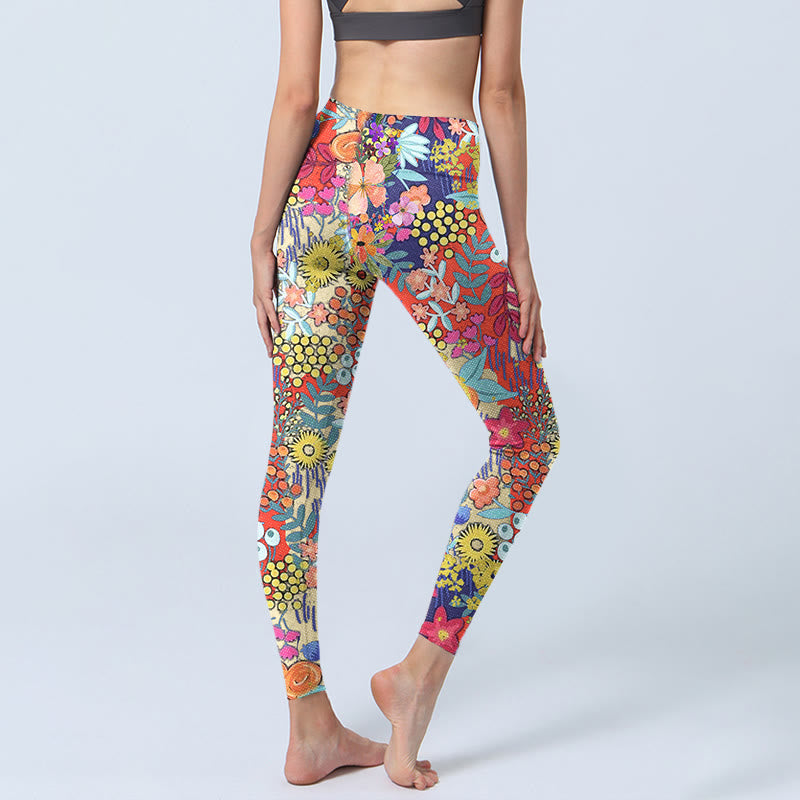 Nimara Ritual Colorful Flowers Leaves Print Gym Fitness Leggings Women's Yoga Pants