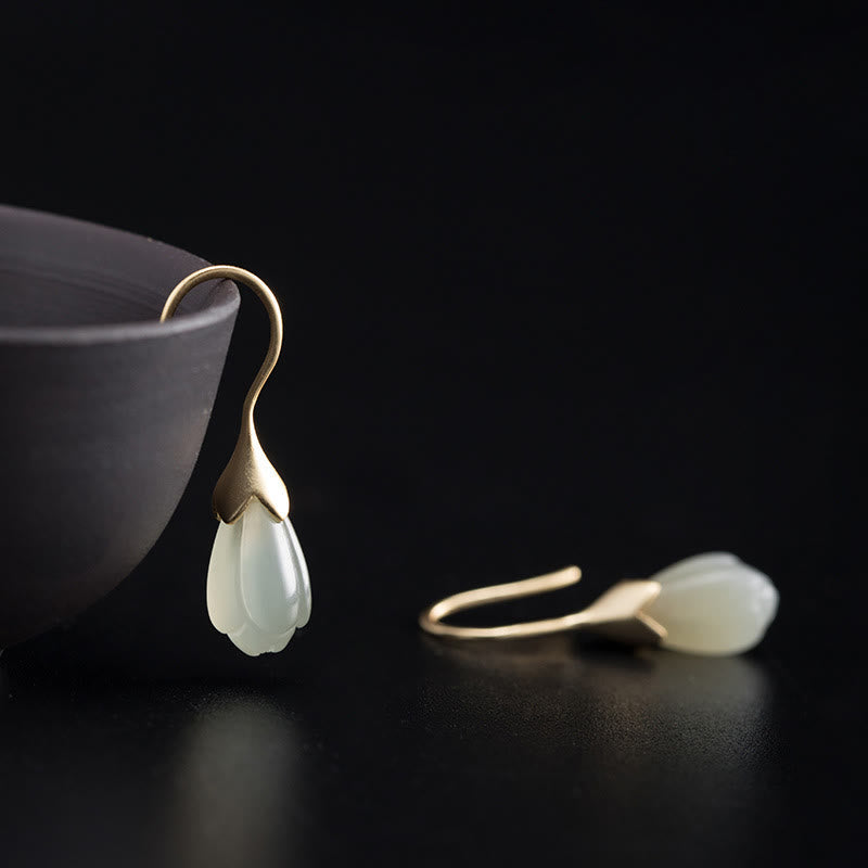 Nimara Ritual 925 Sterling Silver Hetian Jade Magnolia Abundance Drop Earrings