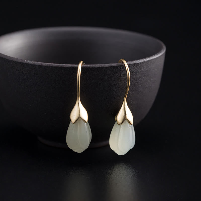 Nimara Ritual 925 Sterling Silver Hetian Jade Magnolia Abundance Drop Earrings